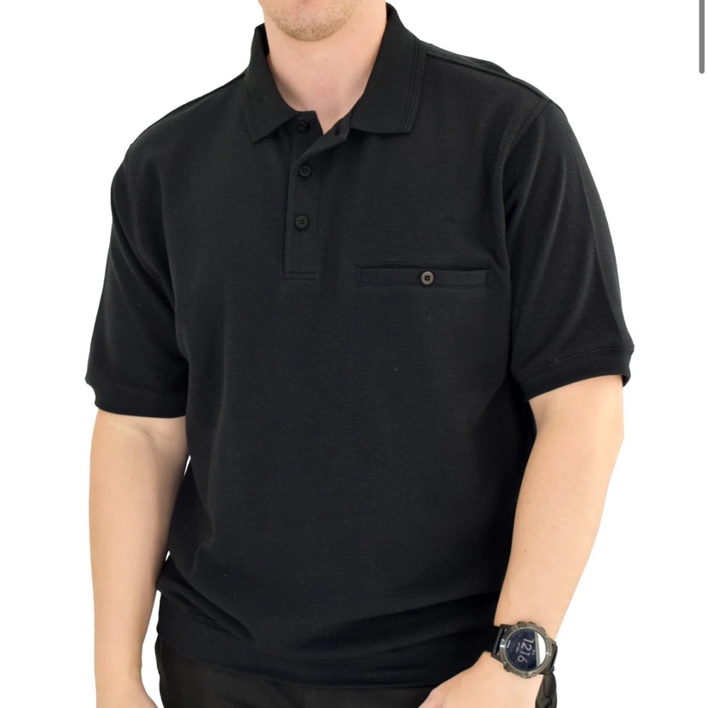CLASSICS BY PALMLAND SHORT SLEEVE 3 BUTTON BANDED BOTTOM KNIT COLLAR